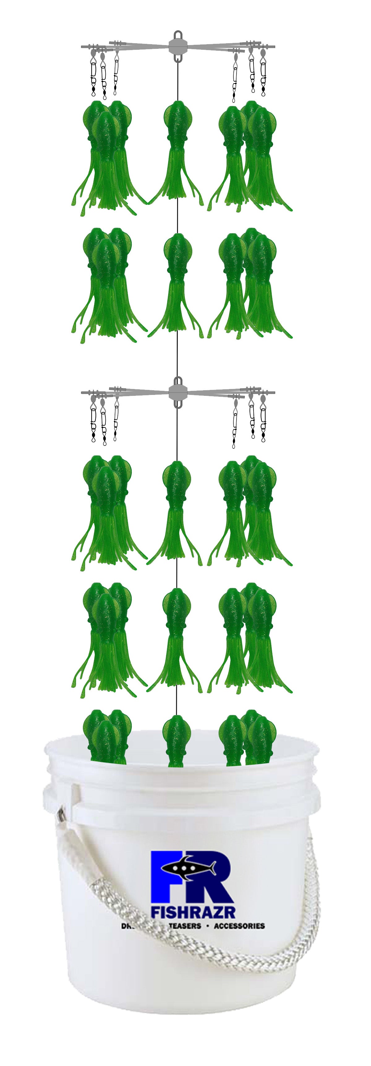 Bucket Dredge with (35) Phat Squid - Condition:New / fathom / marlin dredge. A small compact dredge that’s a big tease.