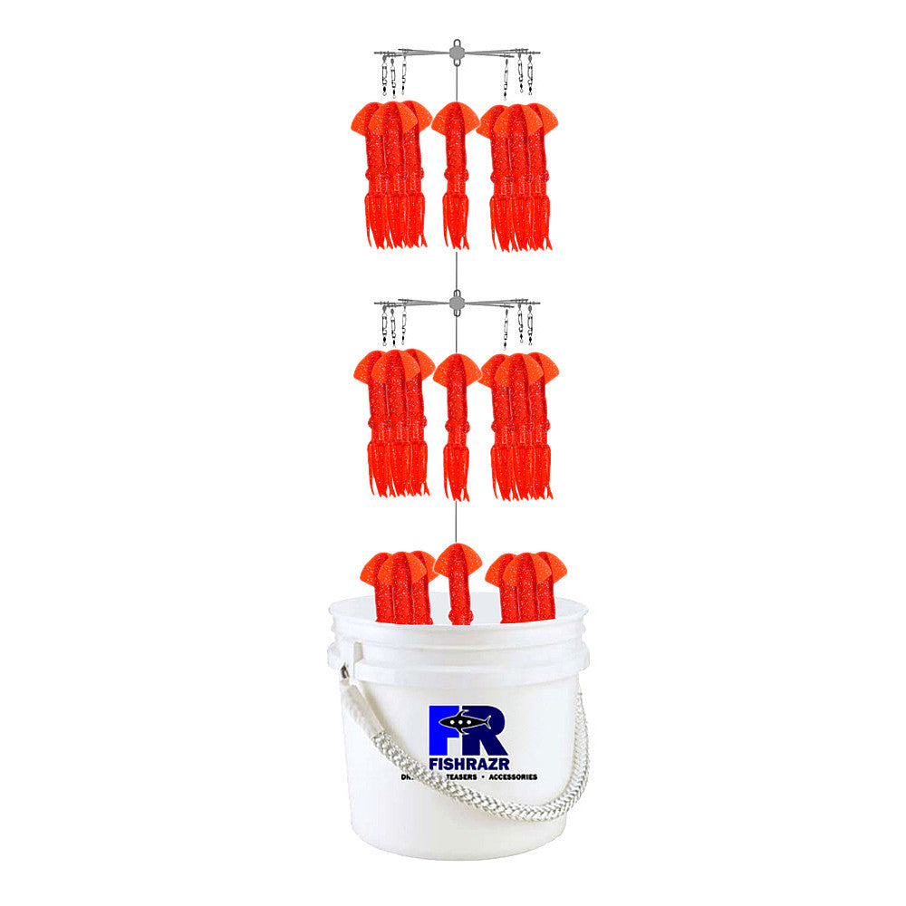 Bucket Dredge with (21) 9" Squid - Condition:New / fathom / Featured. Now offering a limited run of our 9" Squid Bucket Dredge in Black or Chartreuse for only $179.