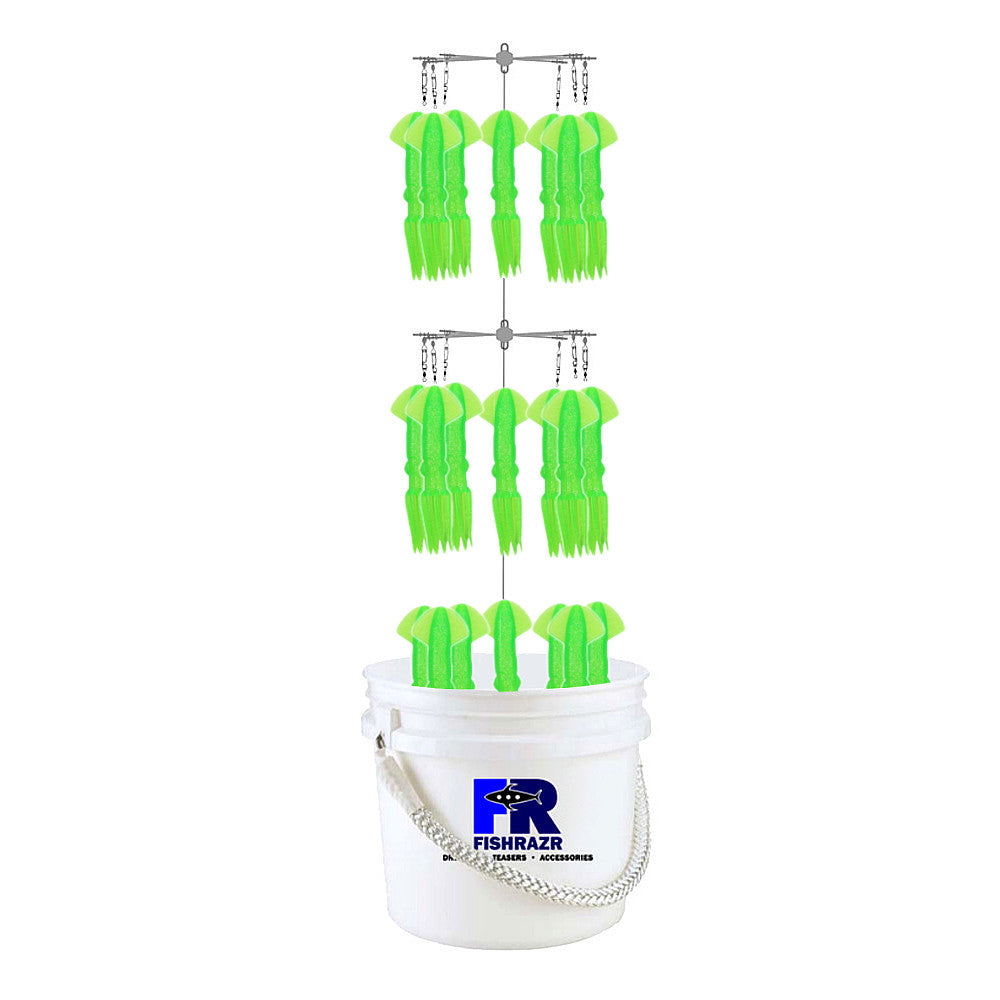 Bucket Dredge with (21) 9" Squid - Condition:New / fathom / Featured. Now offering a limited run of our 9" Squid Bucket Dredge in Black or Chartreuse for only $179.