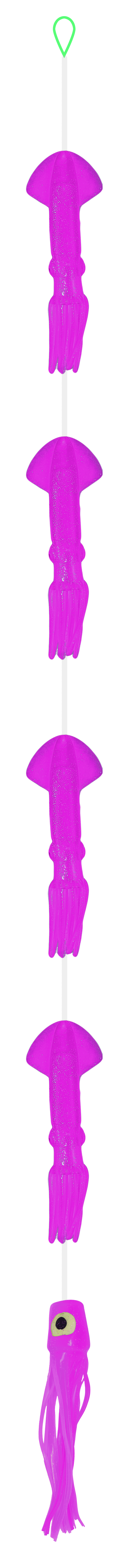 Daisy Chains- 4 Squid w Chugger - Condition:New / Daisy chain / dolphin teaser. A traditional daisy style chain with 4 squids and a chugger/ pusher style lure on the back.