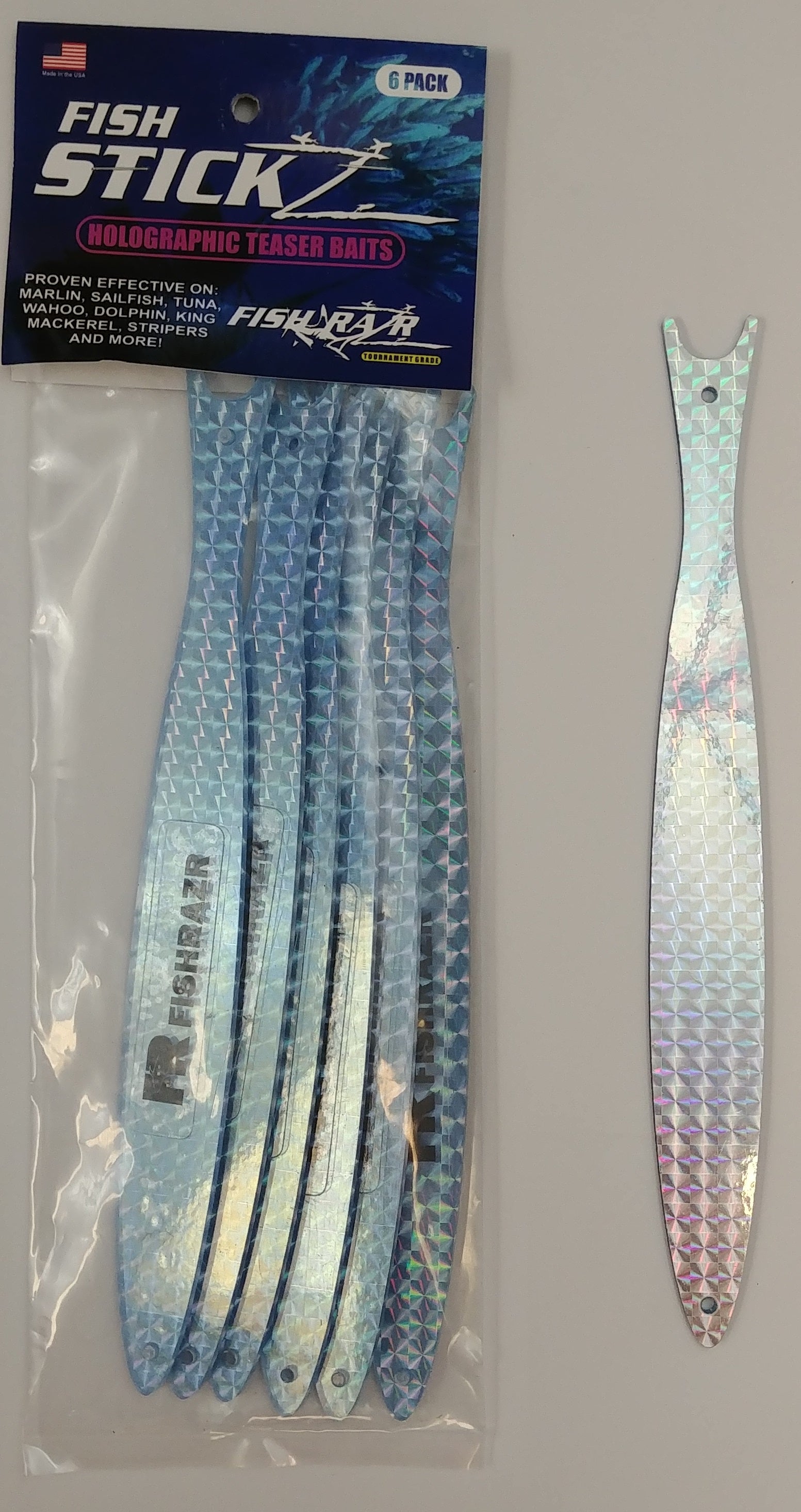 StickZ Thin Teaser Baits (6/pkg) - Condition:New / dredge baits / fire tailz. Fish Sticks are thin, holographic dredge and teaser baits.