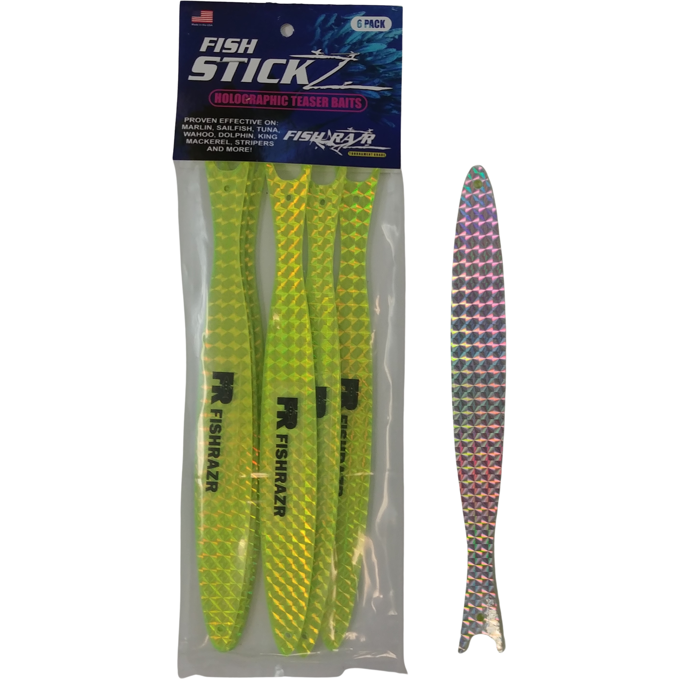 StickZ Thin Teaser Baits (6/pkg) - Condition:New / dredge baits / fire tailz. Fish Sticks are thin, holographic dredge and teaser baits.