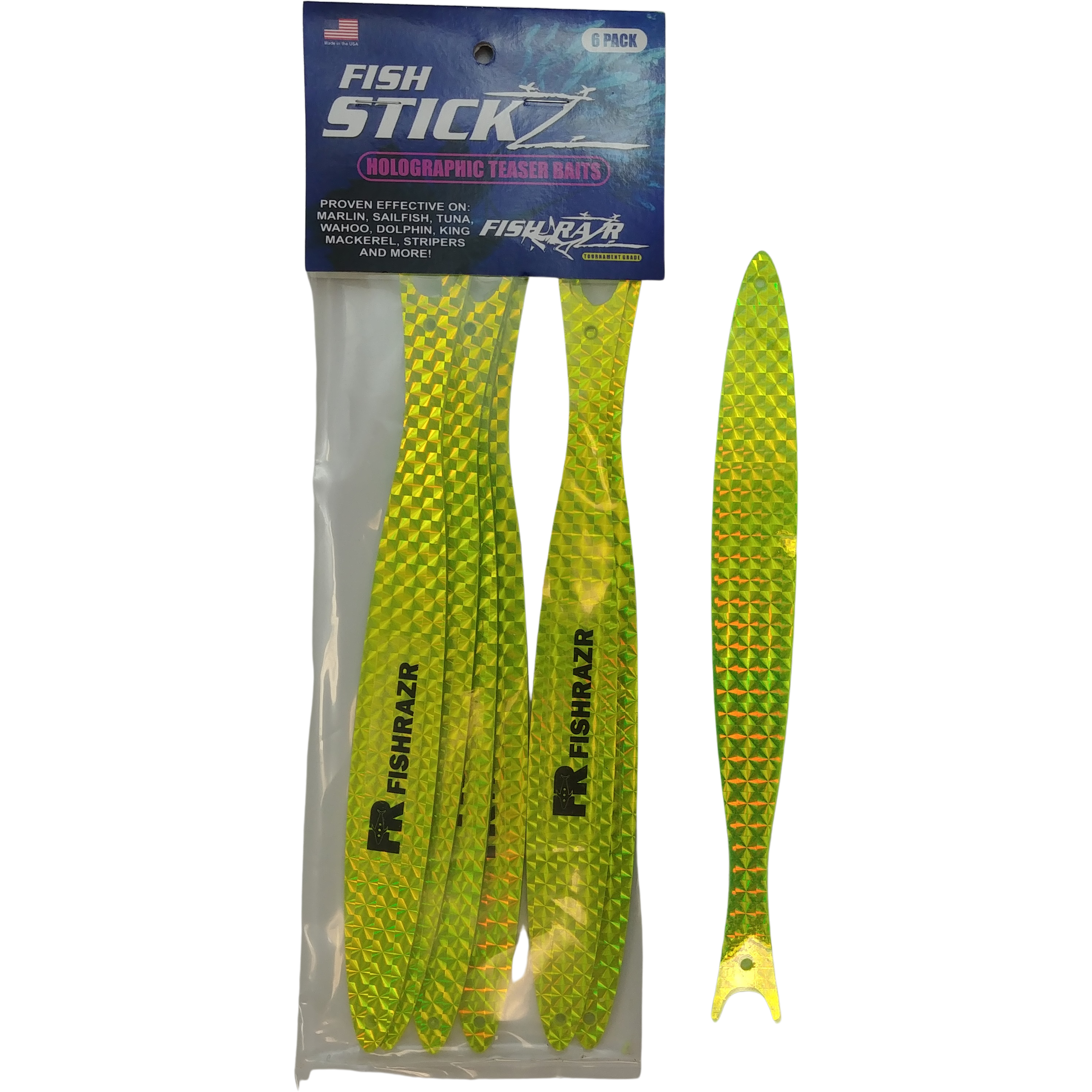 StickZ Thin Teaser Baits (6/pkg) - Condition:New / dredge baits / fire tailz. Fish Sticks are thin, holographic dredge and teaser baits.