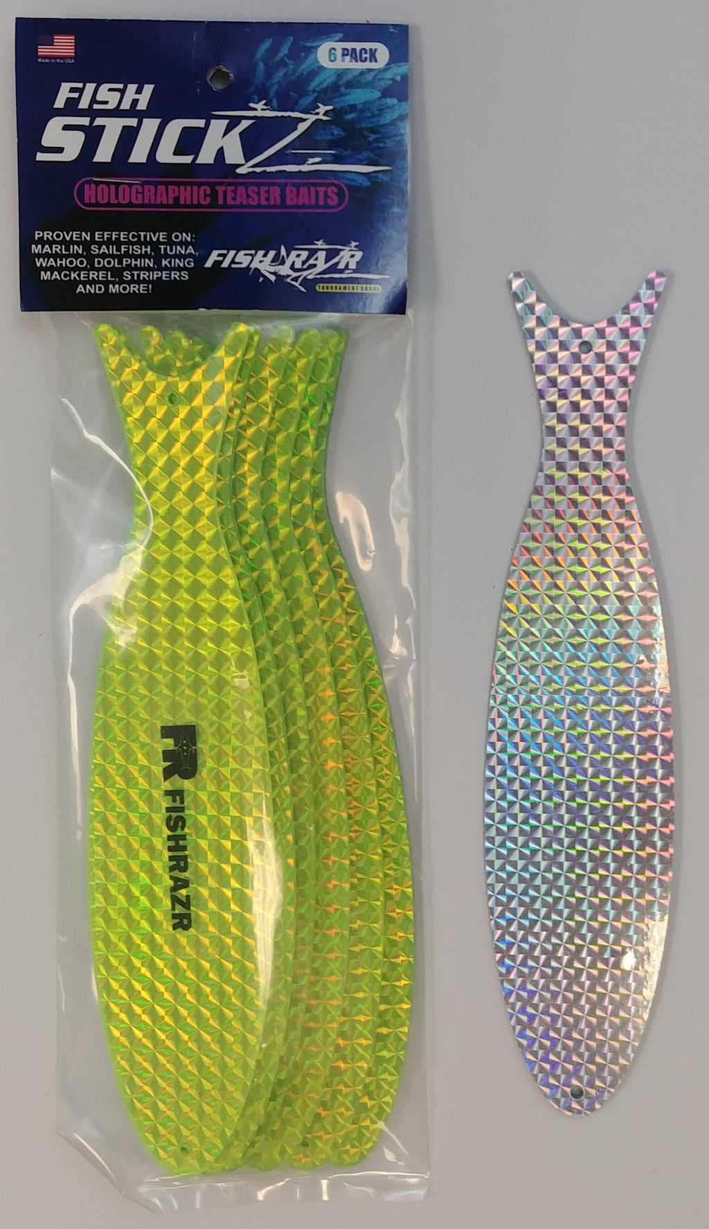StickZ Large Teaser Baits - (6/pkg) - Condition:New / dredge baits / fire tailz. Fish Sticks are thin, holographic dredge and teaser baits.