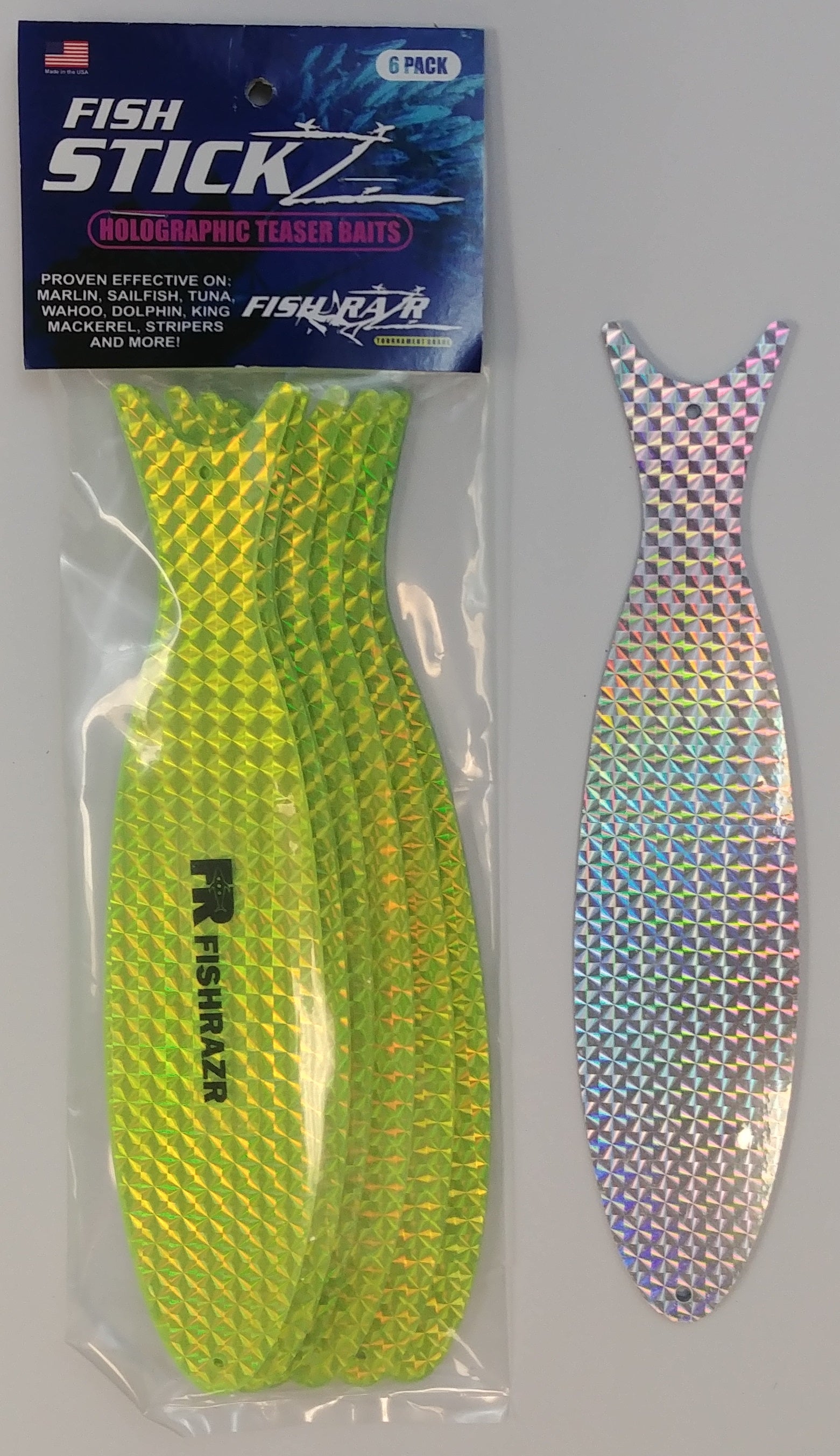 StickZ Large Teaser Baits - (6/pkg) - Condition:New / dredge baits / fire tailz. Fish Sticks are thin, holographic dredge and teaser baits.