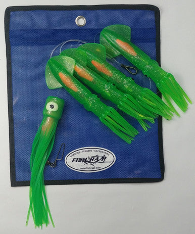 Daisy Chains- 4 Squid w Chugger - Condition:New / Daisy chain / dolphin teaser. A traditional daisy style chain with 4 squids and a chugger/ pusher style lure on the back.