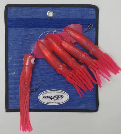 Daisy Chains- 4 Squid w Chugger - Condition:New / Daisy chain / dolphin teaser. A traditional daisy style chain with 4 squids and a chugger/ pusher style lure on the back.
