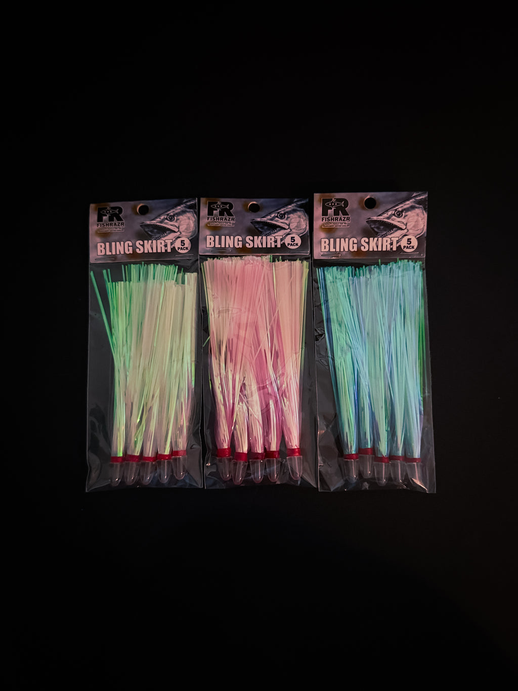 Fish Razr Flash Bling Skirts – 5 Pack - Condition:New. Add high-voltage attraction to your trolling game with the Fish Razr Flash Bling Skirts.