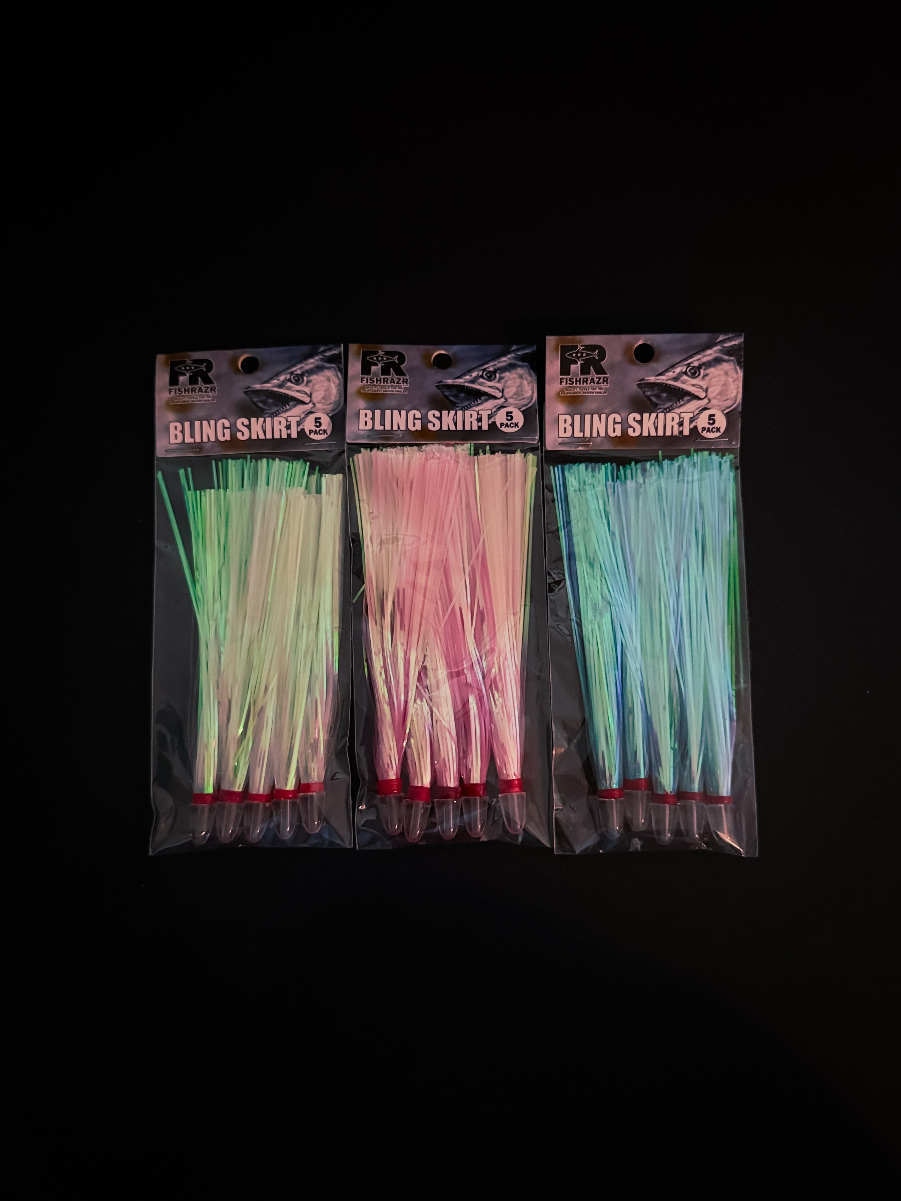 Fish Razr Flash Bling Skirts – 5 Pack - Condition:New. Add high-voltage attraction to your trolling game with the Fish Razr Flash Bling Skirts.