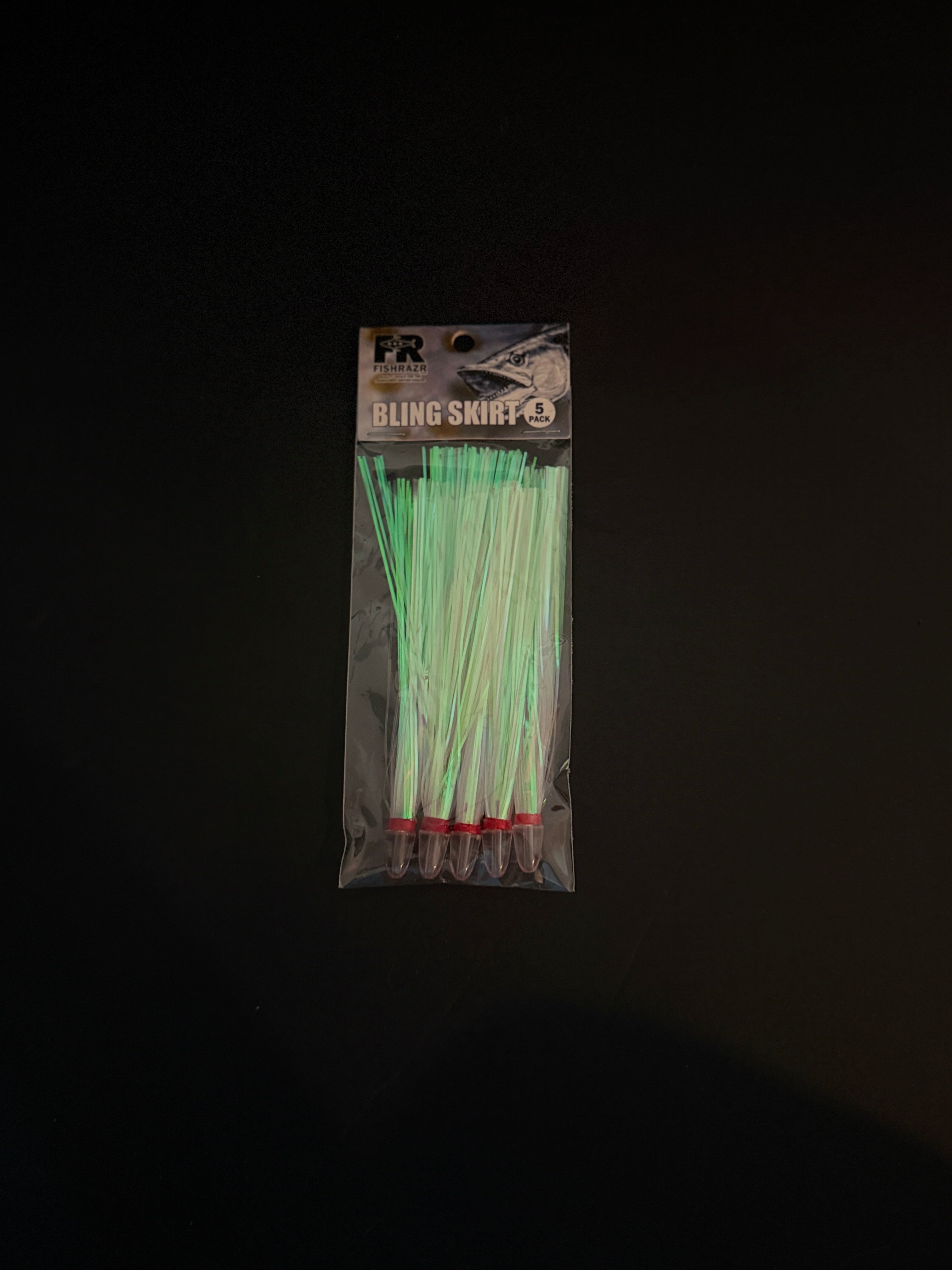 Fish Razr Flash Bling Skirts – 5 Pack - Condition:New. Add high-voltage attraction to your trolling game with the Fish Razr Flash Bling Skirts.